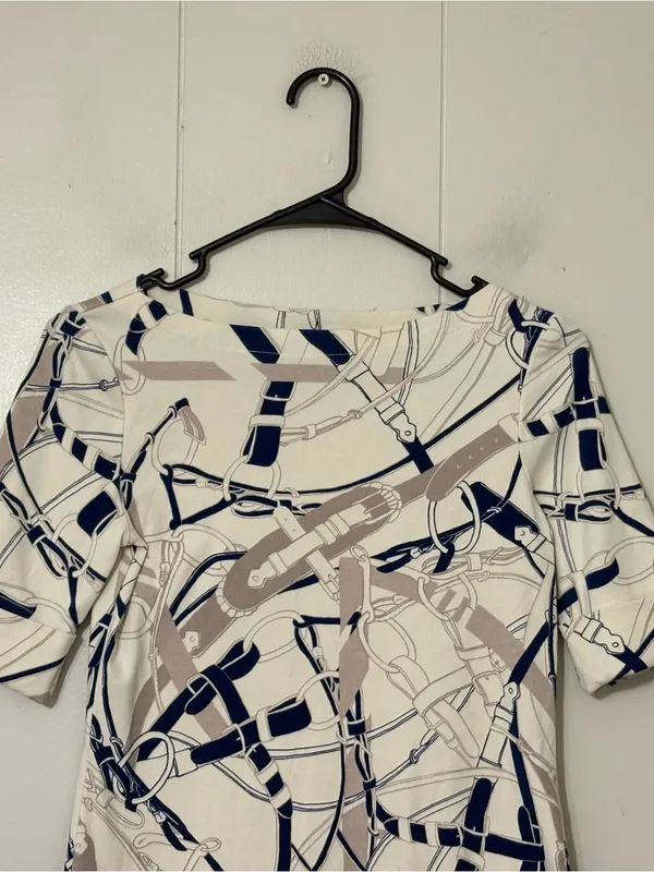 Lauren Ralph Lauren Belt Print Boatneck Top Navy Cream Equestrian Stretch Tee S - Image 4