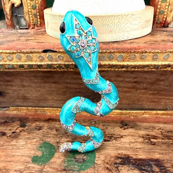 Turquoise Enamel Snake Brooch – Rhinestone Statement Serpent Pin Blue - Image 2
