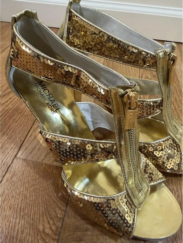 Size 8 Women’s Michael Kors Women's Gold Sequins Berkley Strap Heels IOB - Image 3