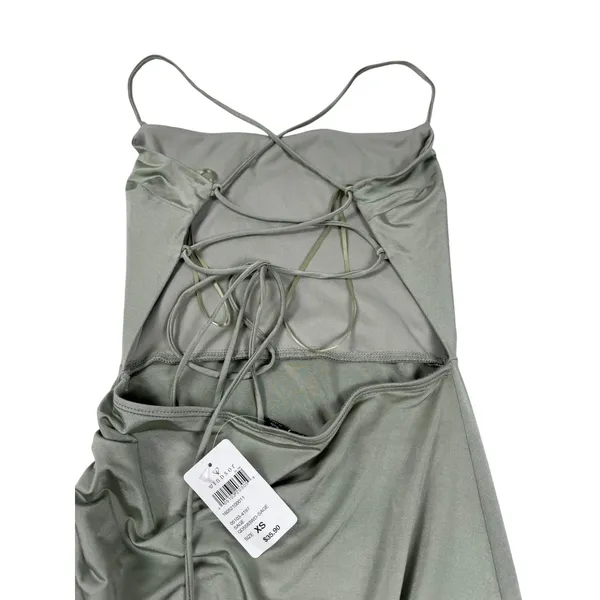 Windsor Sage Green Ruched Lace Up Back Asymmetrical Mini Dress XS - Image 4
