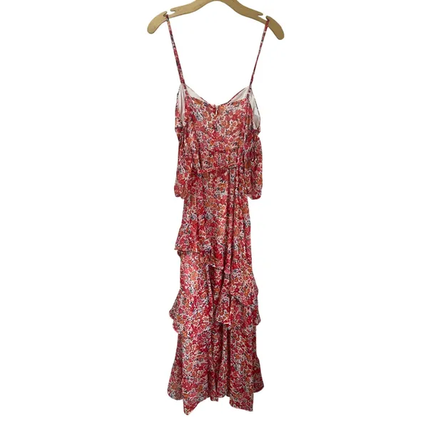 Lulus Posh Petals Red Floral Lurex Cold Shoulder Maxi Dress Size Large‎ Boho - Image 3