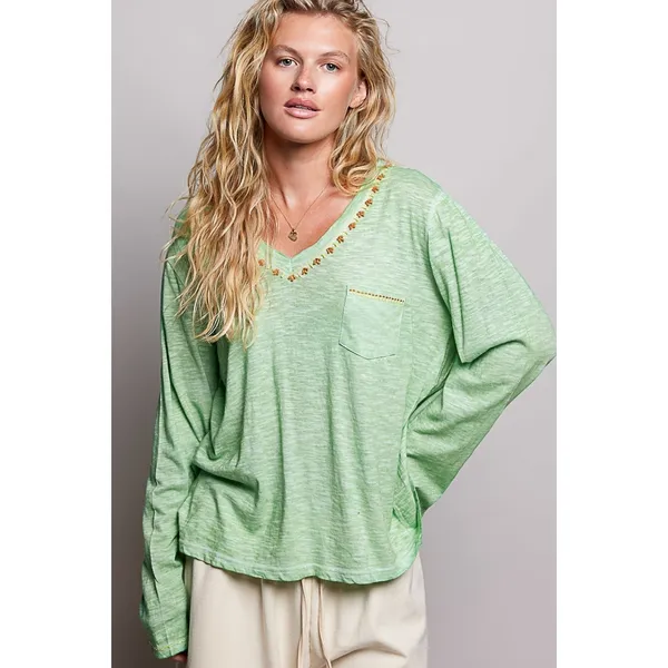 POL V-Neck Contrast Stitch Lightweight Knit Long Sleeve Top - Large - Image 5