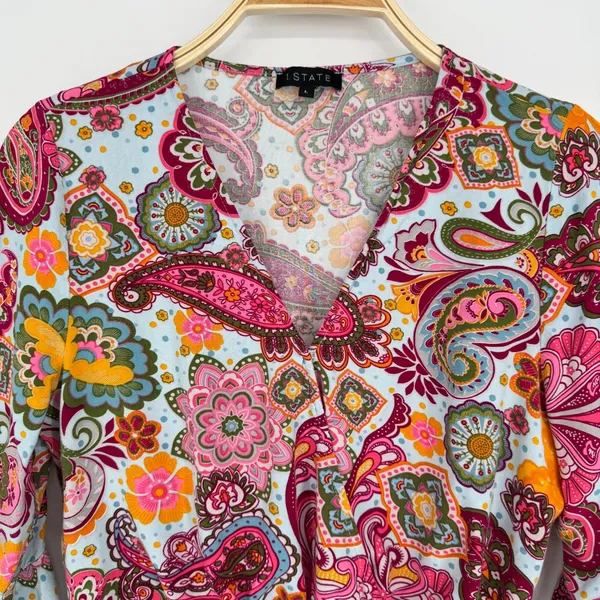 1.STATE Paisley Bell Sleeve Peplum Blouse Large Blue Pink Boho Festival‎ Hippie - Image 3