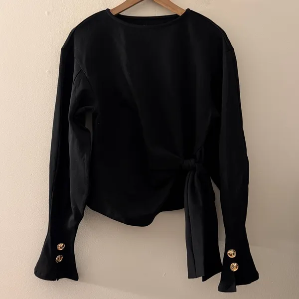 Commence black Twist Knot Balloon Sleeve Sweatshirt crewneck gold button S NWT - Image 2