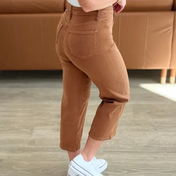 Judy Blue Rust Brown Cropped High-Rise Wide Leg Jeans - Image 4