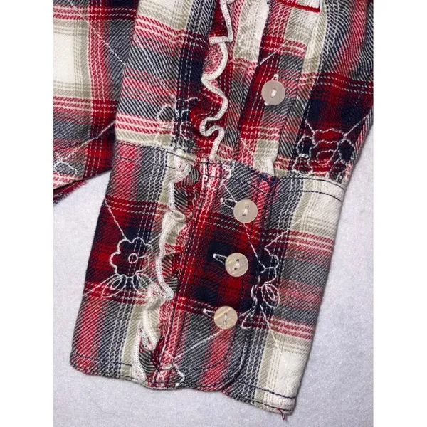 We The Free Free People Georgia Plaid Embroidered Button Down‎ Ruffle Shirt NWT - Image 4