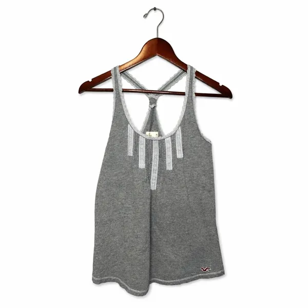 Hollister Womens Y2K Grey Lace Trim Racerback Tank Size M Heathered Cotton - Image 3