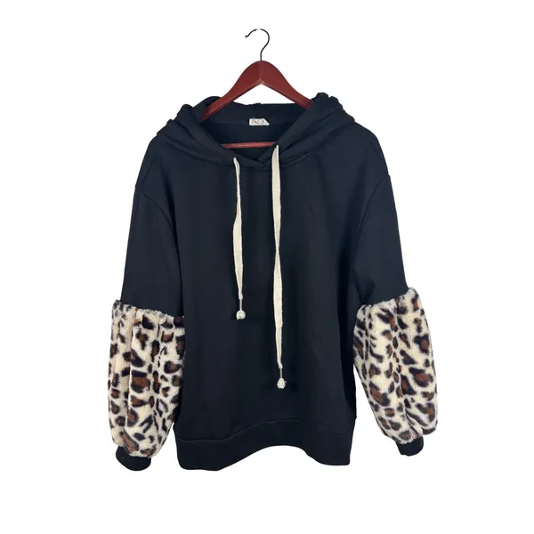 POL Hoodie Small Black Faux Fur Leopard Print Sleeve Pullover Sweatshirt Cheetah - Image 2