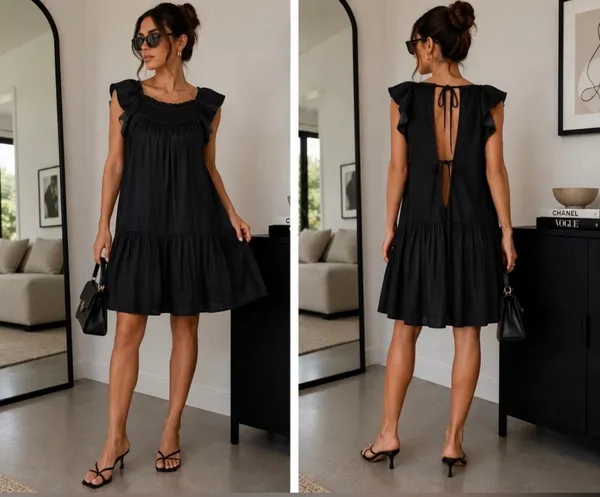 Free People Want Your Love Black Mini Dress Small Smocked Tie Back Boho Babydoll - Image 2
