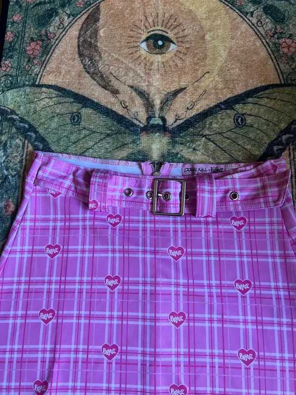 Dolls Kill Pink Plaid A-Line Mini Skirt with Heart Print & Belt - Image 2