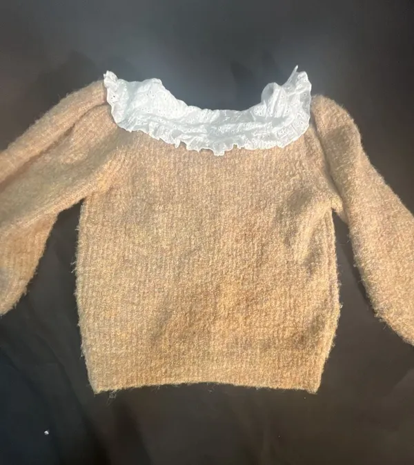 Lush Taupe Knit Cardigan with White Eyelet Peter Pan Collar - Image 5