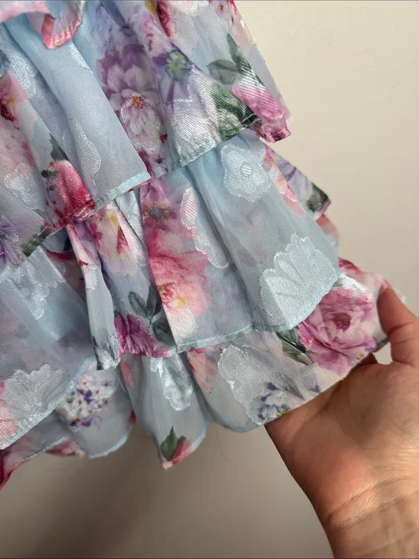 Lulus Trending Adorable Light Blue Floral Tiered Halter Mini Chiffon Dress sz L - Image 6