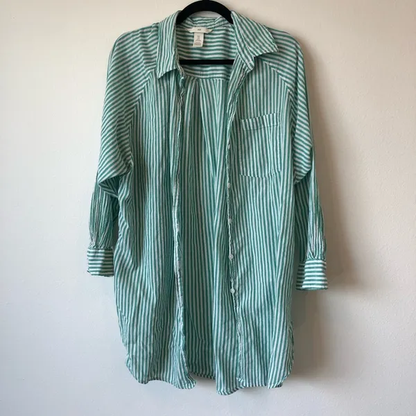 H&M 100% Cotton Green and White Oversized Striped Button Down Shirt Size S - Image 2