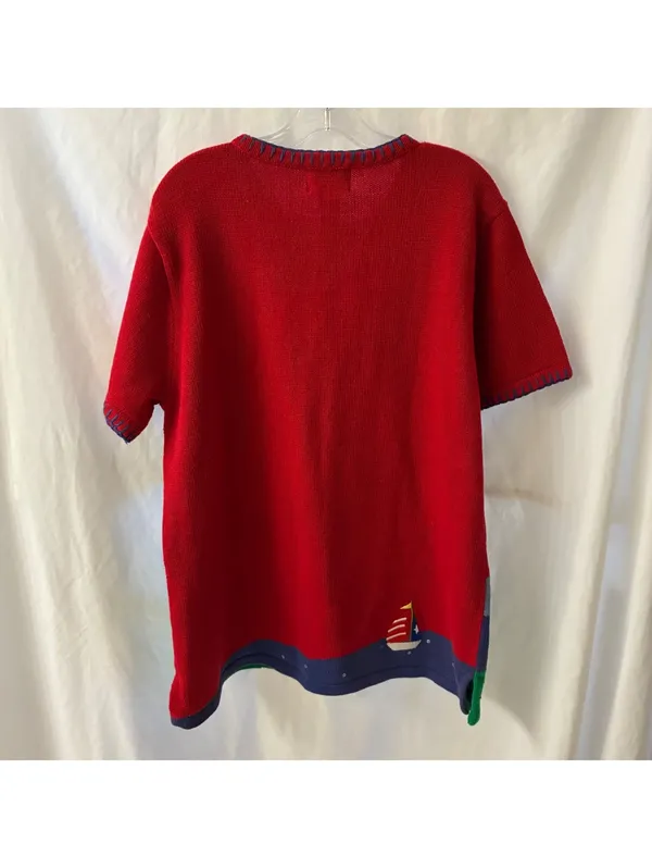 Vintage The Quacker Factory Womans Red Knit Nautical Short Sleeve Sweater Sz XL - Image 2