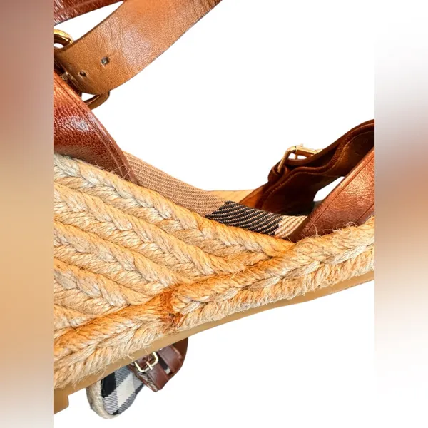 Burberry Tan Leather Check Canvas Espadrille Wedge Sandals EU 35 Italy GUC FLAW - Image 10