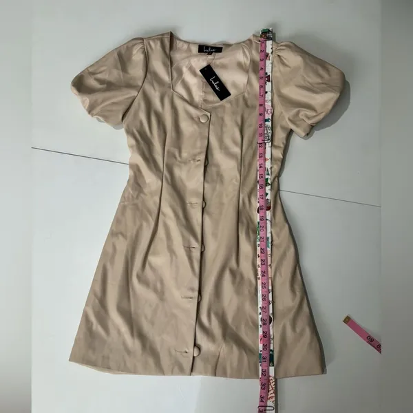Lulus Beige Faux Leather Puff Sleeve Button Front Mini Dress - Image 3