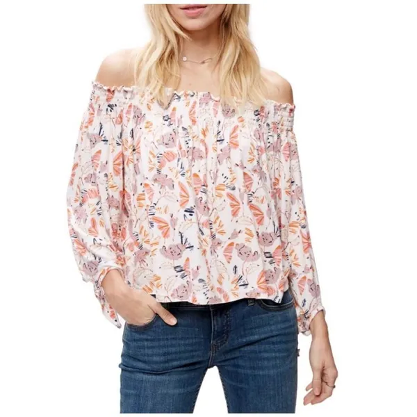 Free People Lexington Off Shoulder Floral Boho Blouse Small‎ Tie Cuff Ivory - Image 11