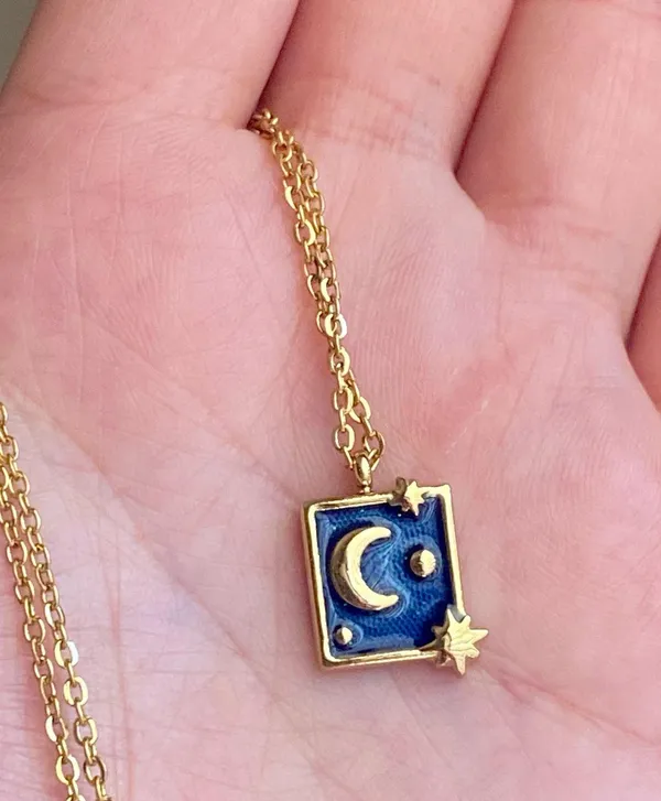 Handmade gold stainless steel blue celestial whimsical chic moon necklace⭐️ - Image 2