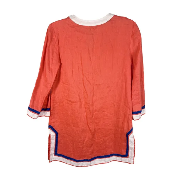 Boden‎ Linen Tunic Womens 6 Coral Pink Excellent Split V-Neck Contrast Trim Top - Image 2