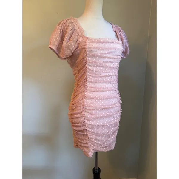Blashe Pink Dot Ruched Mesh Mini body Dress Puff Sleeve Bodycon y2k dainty Large - Image 2
