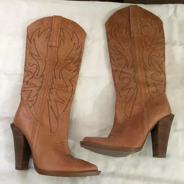 Brown Tan Abilene Alan genuine leather 4” heeled knee high western cowboy/cowgirl boots flame embroidery -Size 9.5B Measurements in pics Like new 2000s Y2K boho indie hippie streetwear festival concert - Image 2