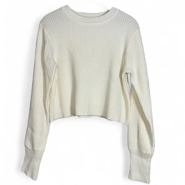 Lulus Womens Ribbed Cropped Knit Sweater Cream White Long Sleeve‎ Size L - Image 3