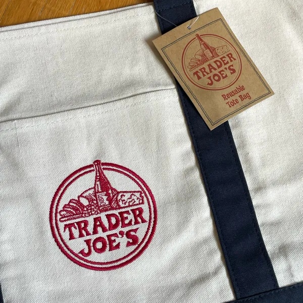 Trader Joe’s Reusable Canvas Tote Bag Navy & Cream Embroidered Logo NWT - Image 2