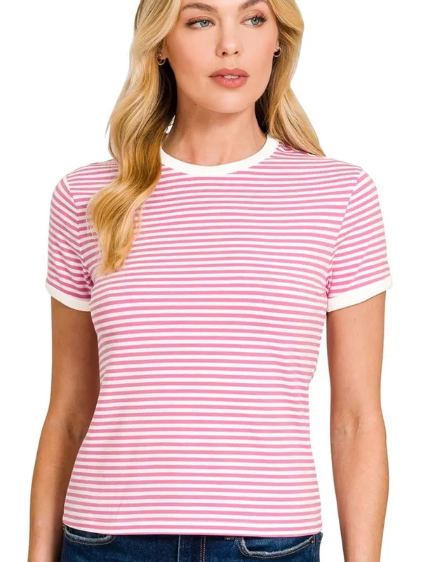 ZENANA Striped Ribbed Crewneck T - Shirt Women’s Candy Pink Sz Small Cotton - Image 3