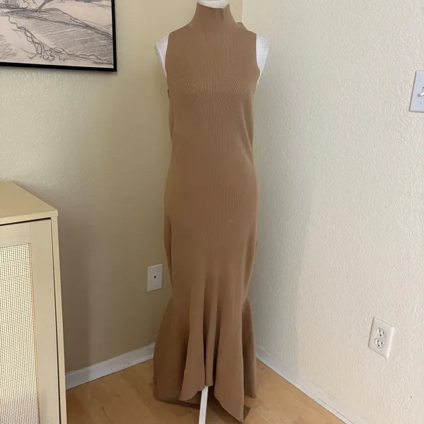 ANTHROPOLOGIE Mock Neck‎ Ribbed Knit Midi Dress Size Large Tan - Image 3
