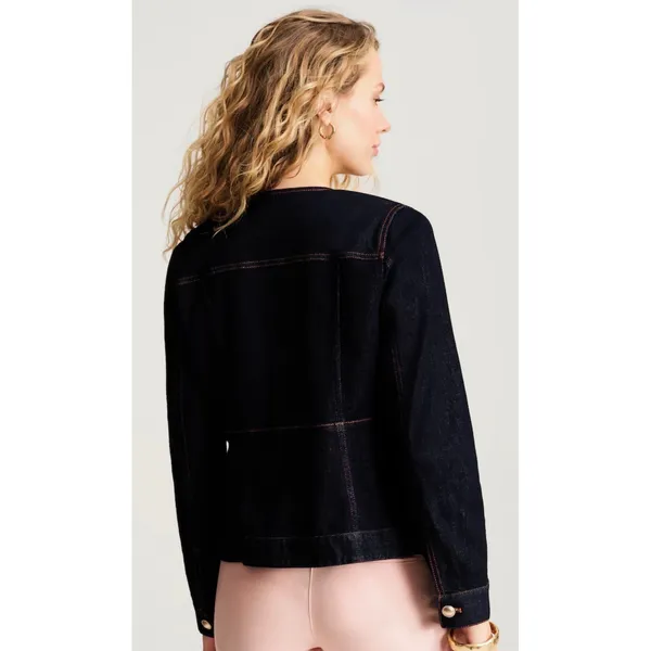 J. Jill Denim Jacket Womens XL Indigo Blue Collarless Gold Button Stretch XL - Image 2