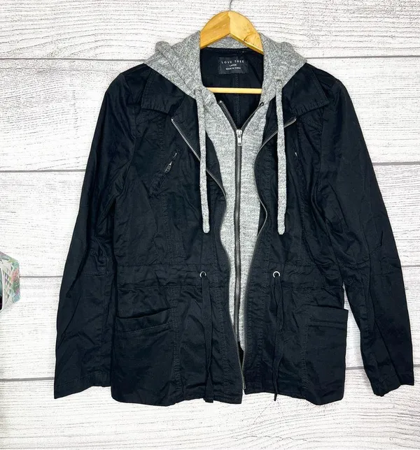 Love Tree Black & Gray Double Layer Hooded Jacket Size Large - Image 9
