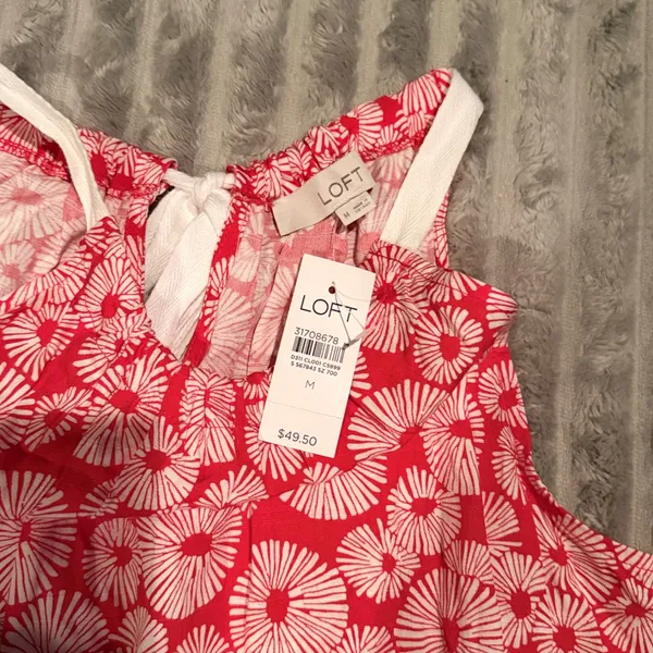 LOFT Red White Floral Sunburst Halter Neck Tie Back Blouse Top‎ NWT M - Image 3