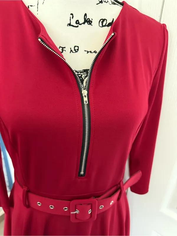 ChicMe Burgundy Belted Midi Dress with Front Zip Detail - Image 10