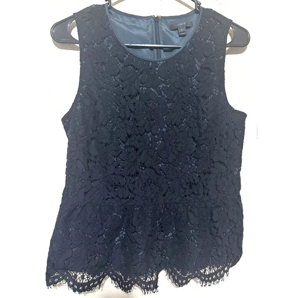 J.Crew Black Floral Lace Peplum Top Sleeveless Eyelash Hem Size 6 - Image 2