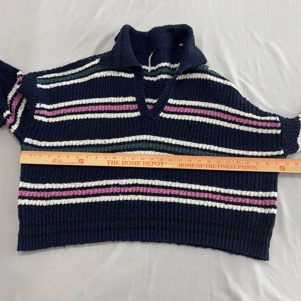 Free People Navy Blue Striped Chunky Knit Polo V-Neck Sweater Large - Image 4