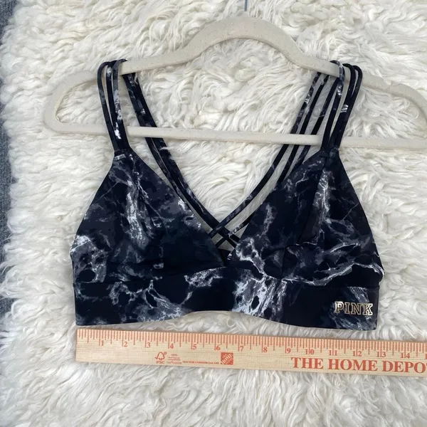 Vs Pink Black White Marble Strappy Sports Bra Activewear Gym Lounge Workout - Image 2