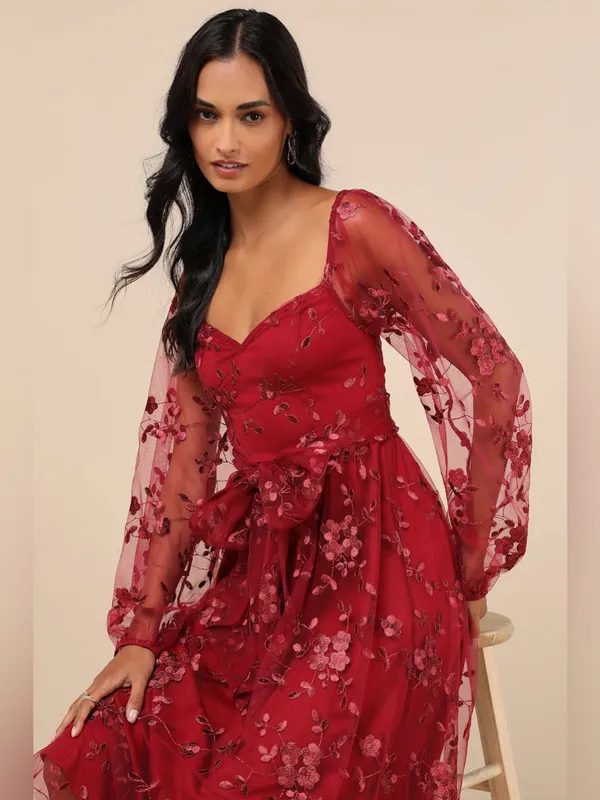 Lulu's Darling Charisma Wine Red Mesh Embroidered Midi Dress - Image 3