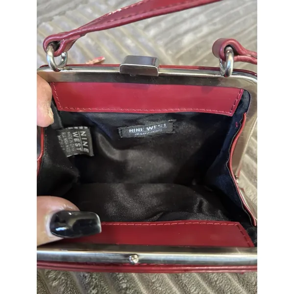 Nine West Red Small Clutch Hand Bag Lined Logo Top Handle Silver Hardware - Image 3