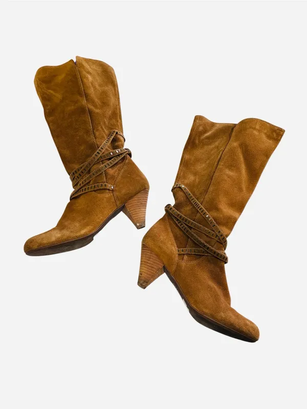 EXPRESS Suede Studded Strappy Cone Heel Boots Brown Sz 10 90’s, Y2K, Carmel - Image 3
