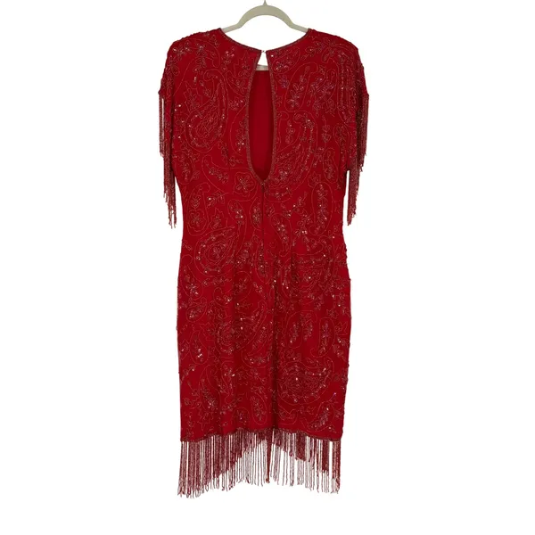 Vintage Red 100% Silk Beaded‎ Sequin Fringe Flapper Cocktail Dress - Image 2