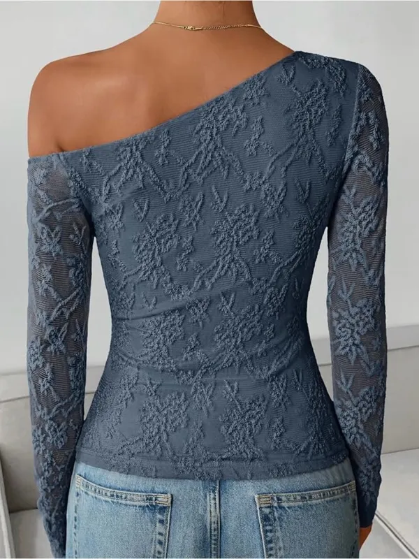 Dusty Blue Lace Asymmetrical Off-Shoulder Stretchy Zesica Fall Fitted Blouse NWT - Image 6