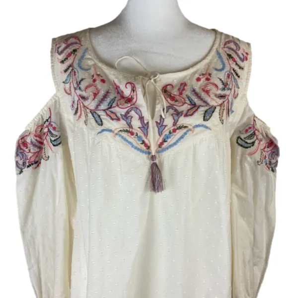 Ruff Hewn Boho Cream Floral Embroidered Cold Shoulder Peasant Shirt Western - Image 7