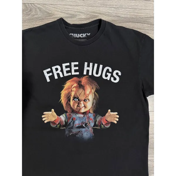 Chucky Free Hugs Horror Movie Graphic Women Tee L Black Cotton Shirt Halloween - Image 8