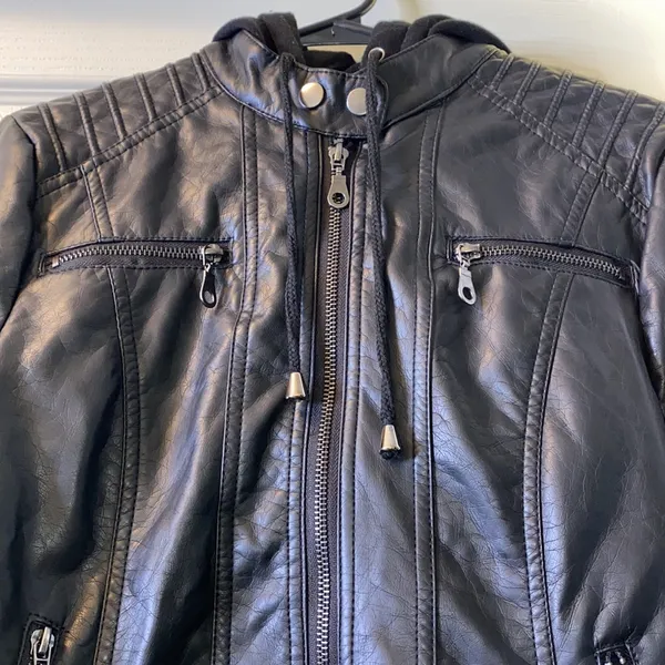 Faux Leather Double Zip Biker Jacket Black - Image 2
