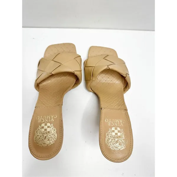 Vince Camuto Sandals Womens Size 8 Tan Leather Square Toe Slip On Woven Heels‎ - Image 5