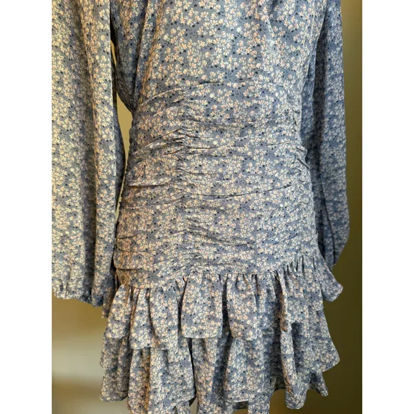 ASTR y2k Blue Multi Floral Ruched Tiered Ruffle Mini Dress boho cottage whimsi M - Image 5