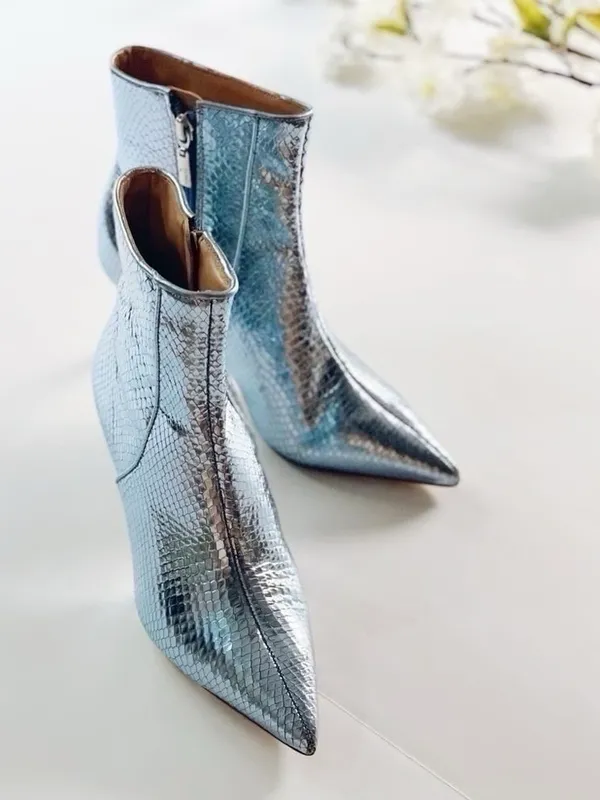 NEW Schutz Metallic Bette Ankle Bootie In Metallic Blue Leather - Image 4