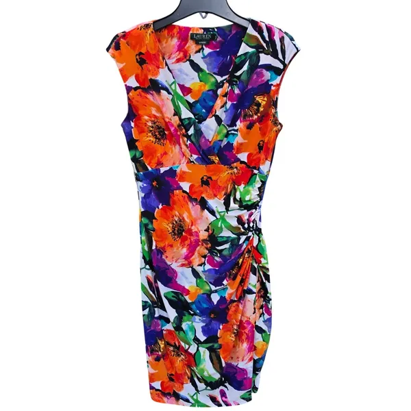 Lauren Ralph Lauren Floral Ruched Sheath Dress Orange Purple Blue Size‎ 8 - Image 3