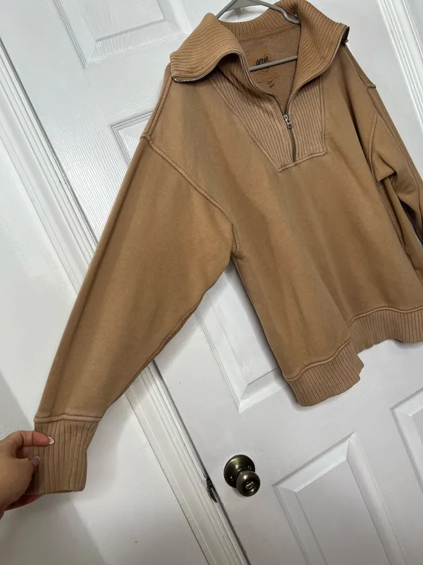 Aerie Camel Quarter Zip Pullover Sweatshirt Cozy Lounge Minimalist Athleisure M - Image 7