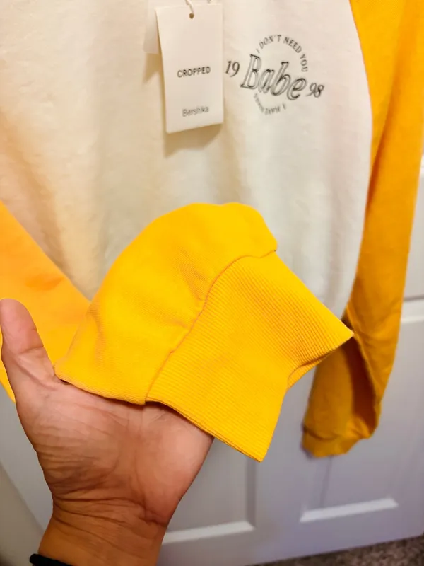 Bershka Yellow White Raglan Long Sleeve Crop Sweatshirt Drawstring Hem - Image 6
